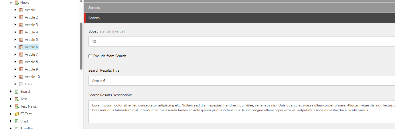 Search results page with Article 6 appearing first due to highest boost value.