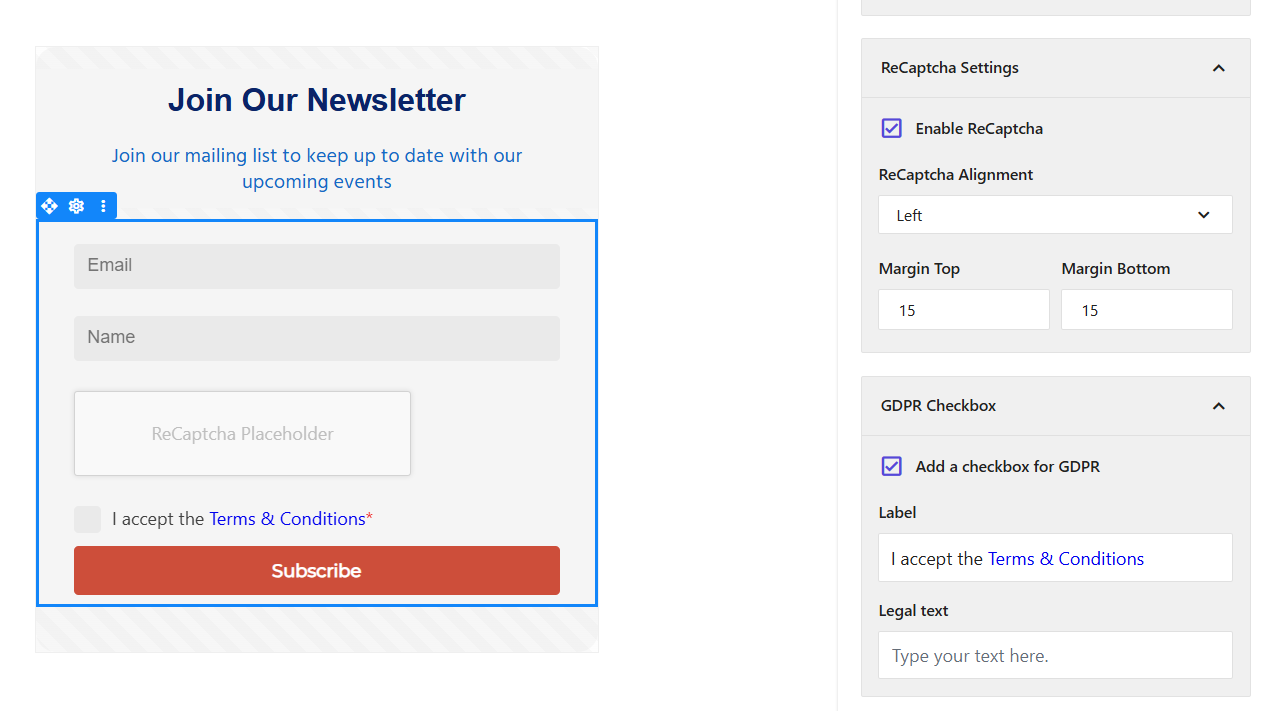 Newsletter subscription form with fields for email and name, reCAPTCHA placeholder
