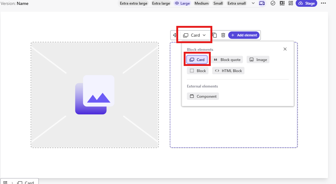 Sitecore XM Cloud component builder showing the Card block element selected for the right-side grid section