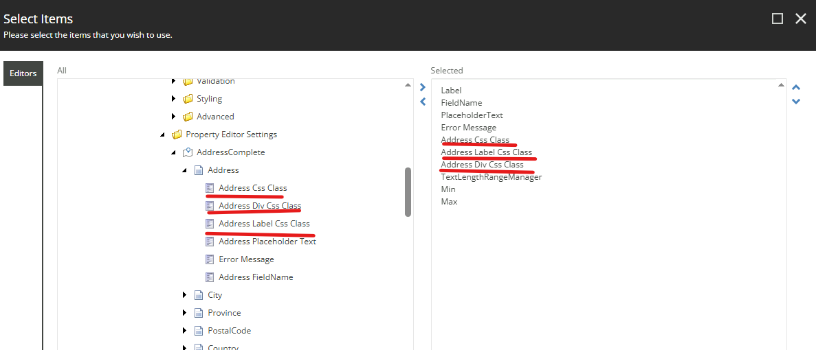 Sitecore item selection view highlighting selected address field CSS class properties under AddressComplete settings