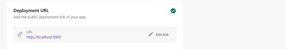 App configuration showing the Deployment URL set to http://localhost:3000.
