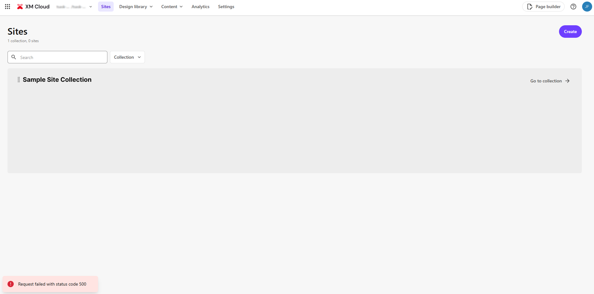 Sitecore XM Cloud Sites dashboard showing one site collection and a “Request failed with status code 500” error message
