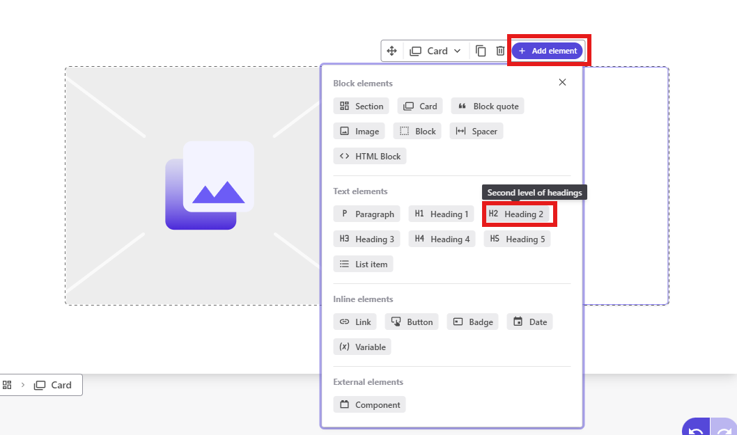 Sitecore XM Cloud component editor with the Heading 2 text element highlighted under the Add Element menu