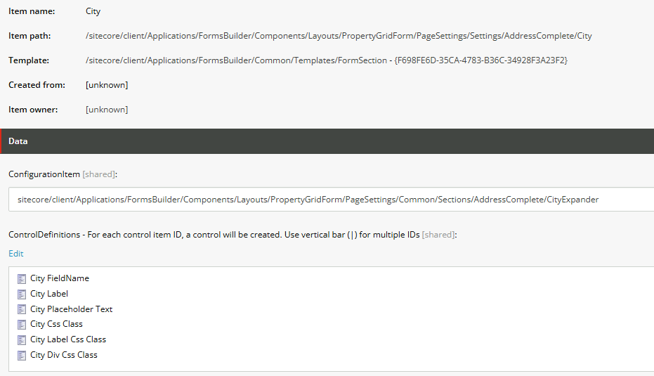 Sitecore item details for the City form section showing template path, configuration item, and control definitions