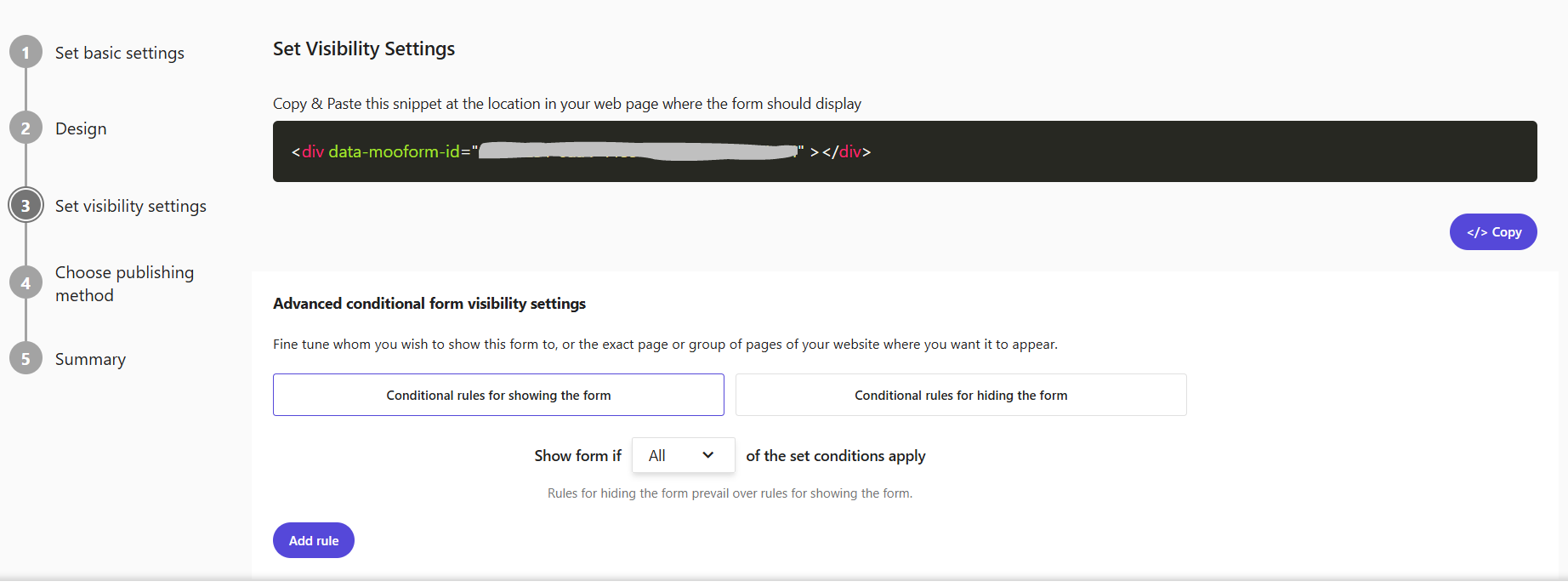 Visibility settings screen