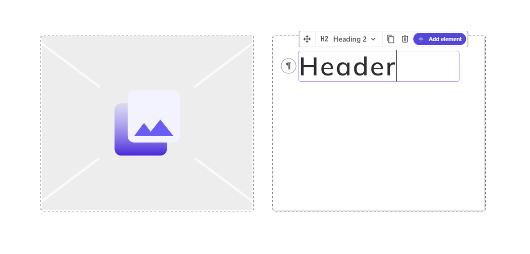 A Sitecore XM Cloud component preview showing a two-column layout with an image on the left and an editable H2 heading labeled Header on the right