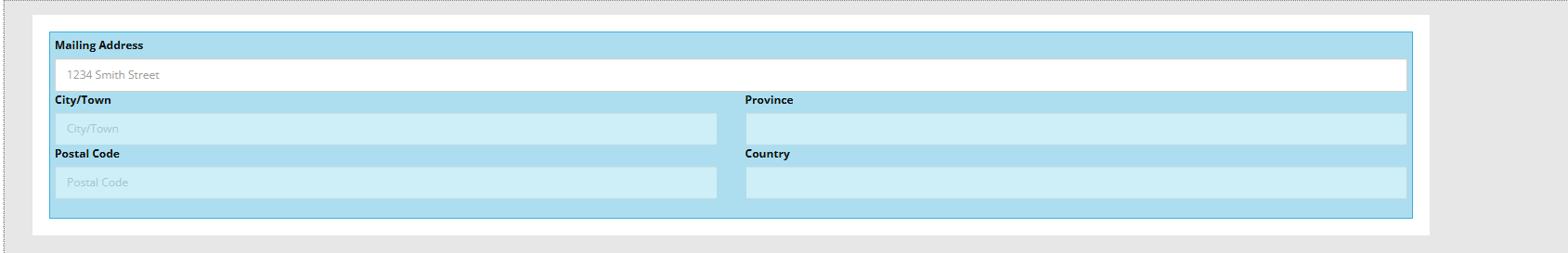 Form layout preview showing input fields for mailing address, city, province, postal code, and country