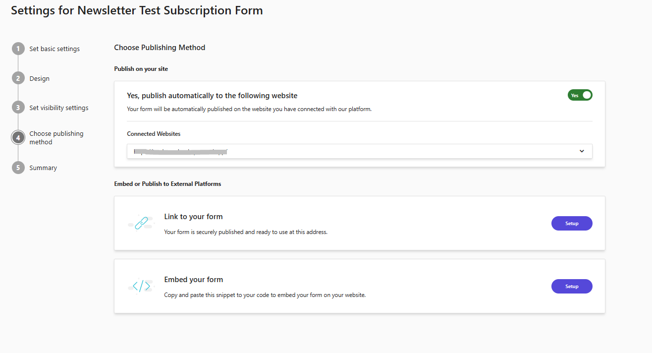 Publishing options screen