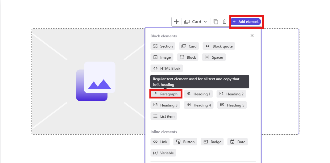 Sitecore XM Cloud component editor showing the Add element menu with the Paragraph text option selected inside a right-hand column layout