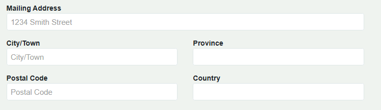 Form view with input fields for mailing address, city, province, postal code, and country