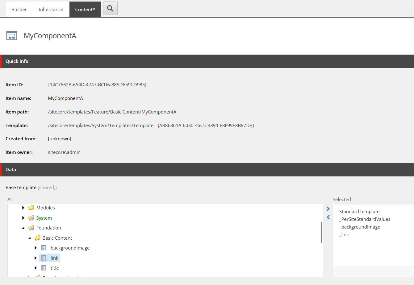 Sitecore Content tab showing MyComponentA template using shared base templates