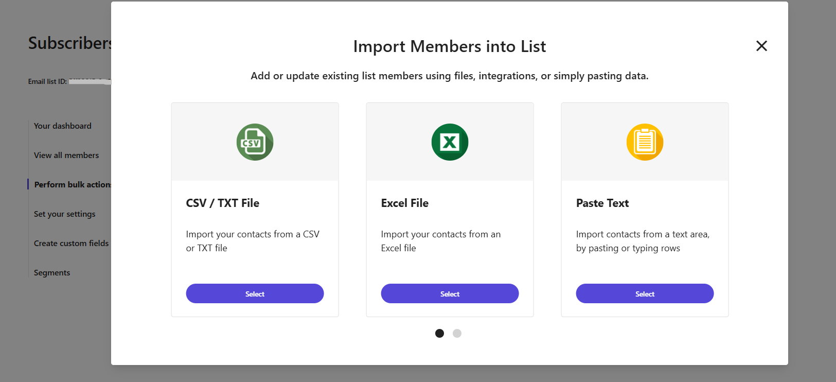 Popup window showing import options for email list members