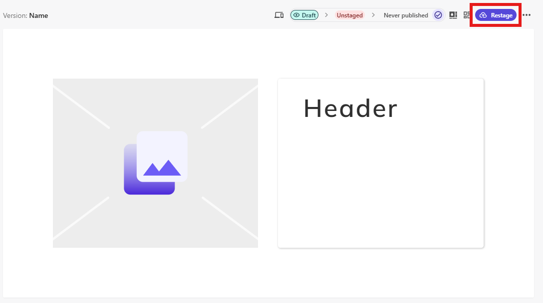 Sitecore XM Cloud FEaaS component restaging screen showing a two-column layout with image and text ready for publishing