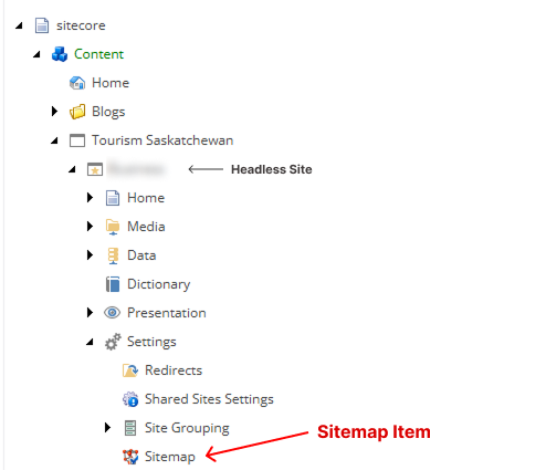 Sitecore Content Tree showing the “Sitemap” item under Site Grouping for a headless site.