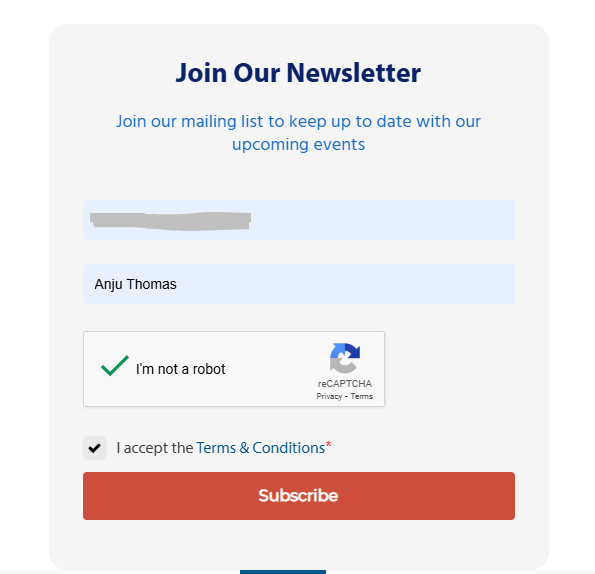 Completed newsletter subscription form with email, name, reCAPTCHA checked, terms accepted, and a red Subscribe button