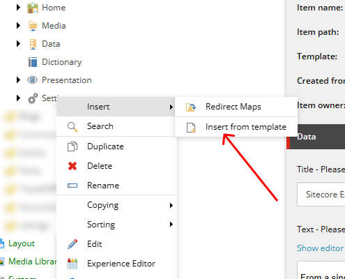 Sitecore Content Tree with right-click context menu open, highlighting the “Insert from template” option under the Insert menu