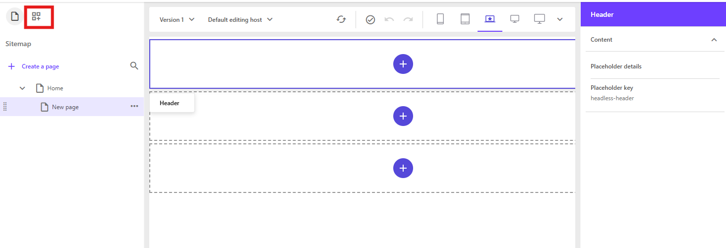Sitecore Page Builder layout view showing a new page structure with multiple placeholders ready for component insertion