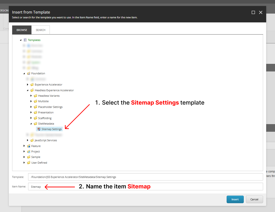 Sitecore “Insert from Template” dialog showing selection of the Sitemap Settings template and naming the item Sitemap before clicking Insert