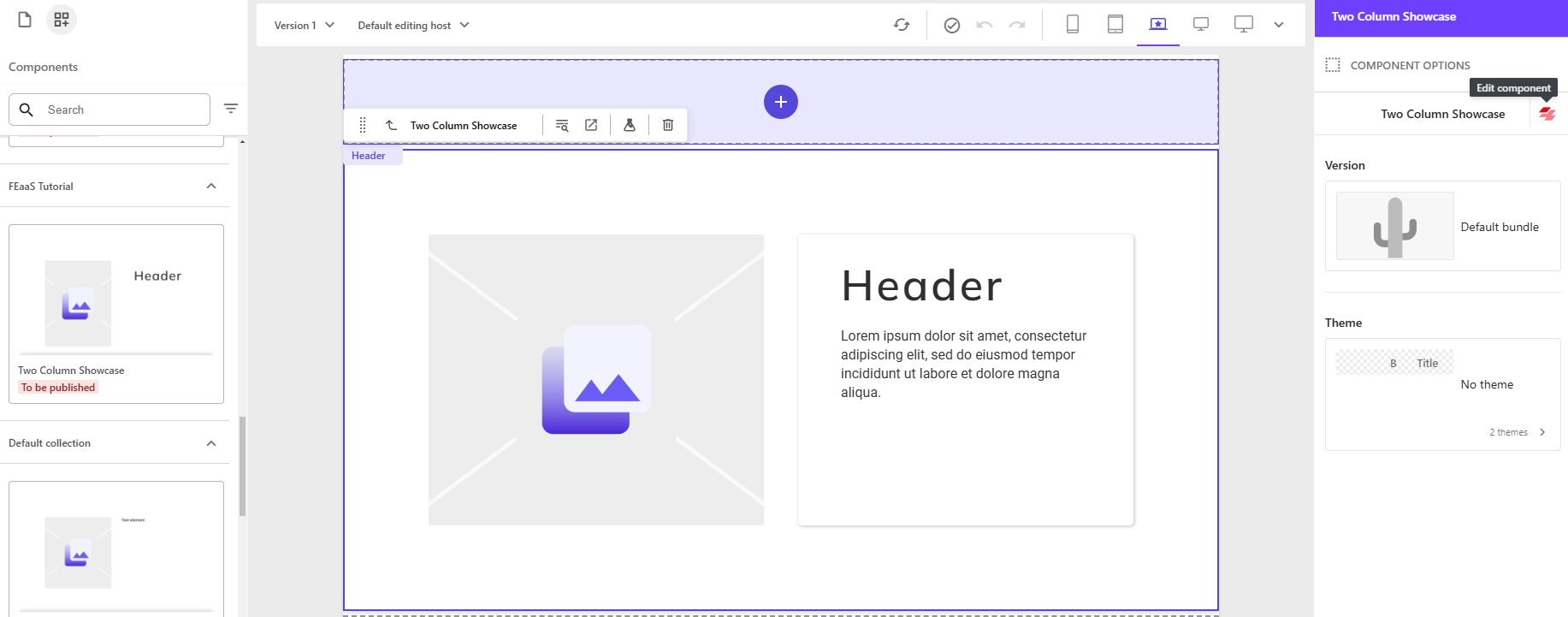 Two Column Showcase component placed on a Sitecore XM Cloud page showing image and text side-by-side in Page Builder