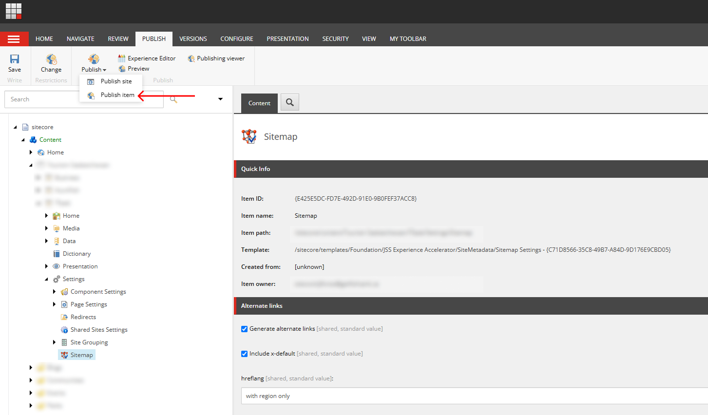 Sitecore content editor showing the “Sitemap” item selected, with the “Publish item” option highlighted under the Publish tab