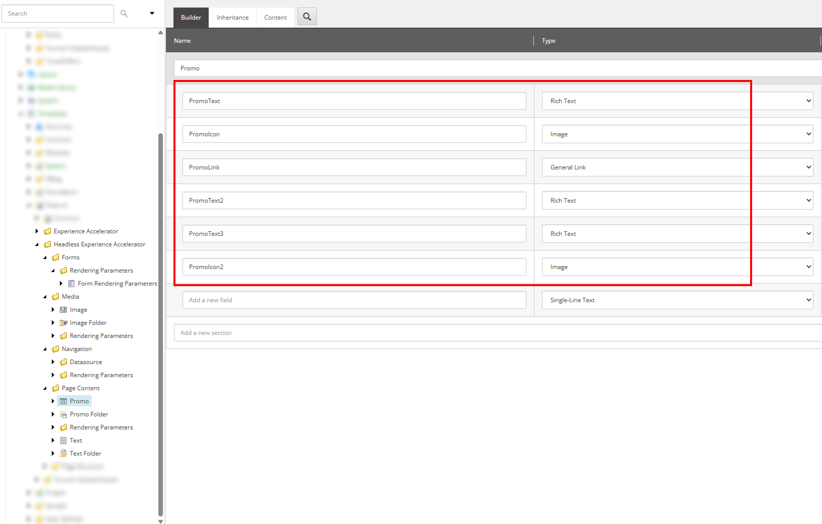 Sitecore content template showing multiple Promo fields