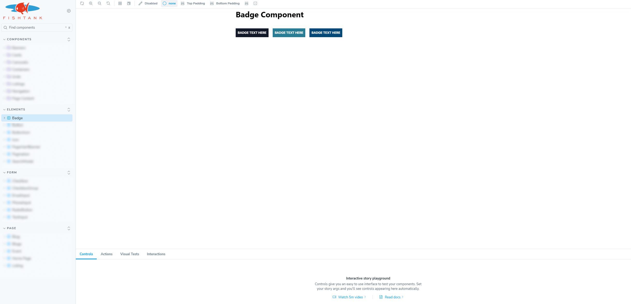 Storybook interface showing a preview of the Badge Component
