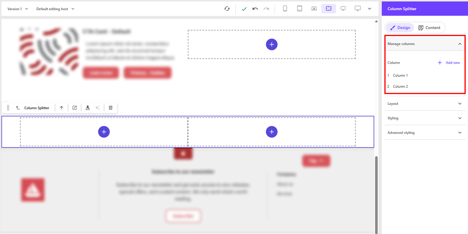 Sitecore XM Cloud interface showing the Column Splitter component