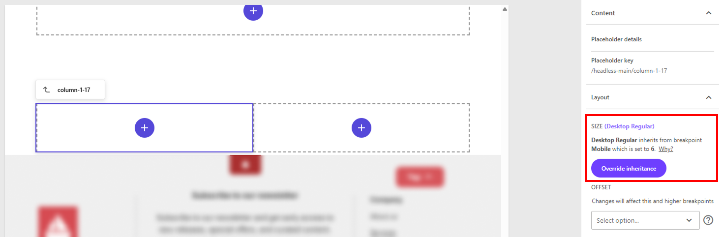 Sitecore XM Cloud editor showing column layout settings with size inheritance details and an option to override inheritance