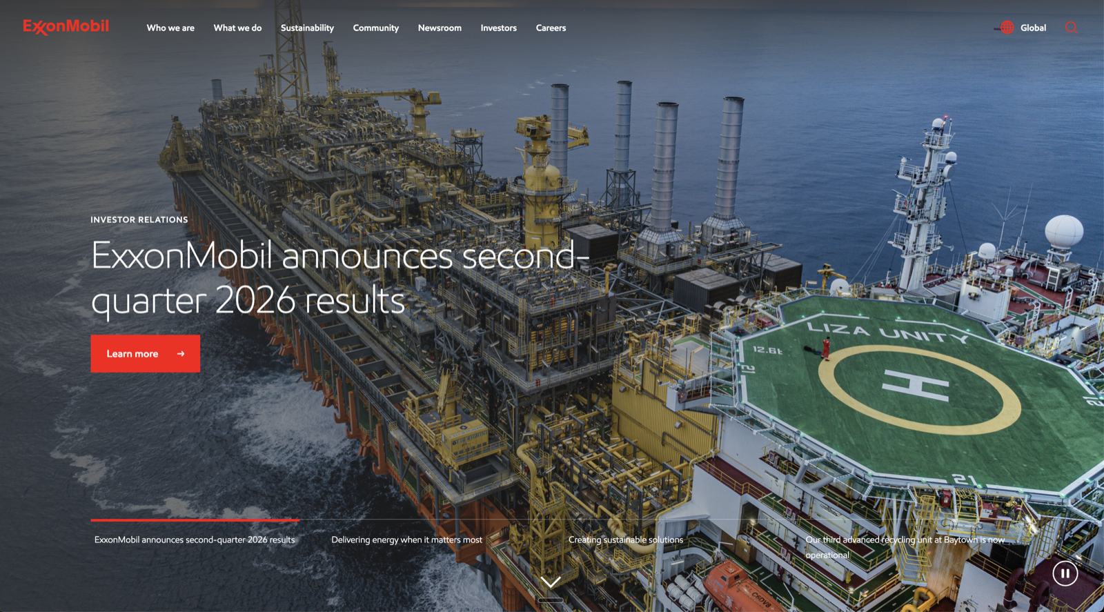 ExxonMobil homepage screenshot, August 2026