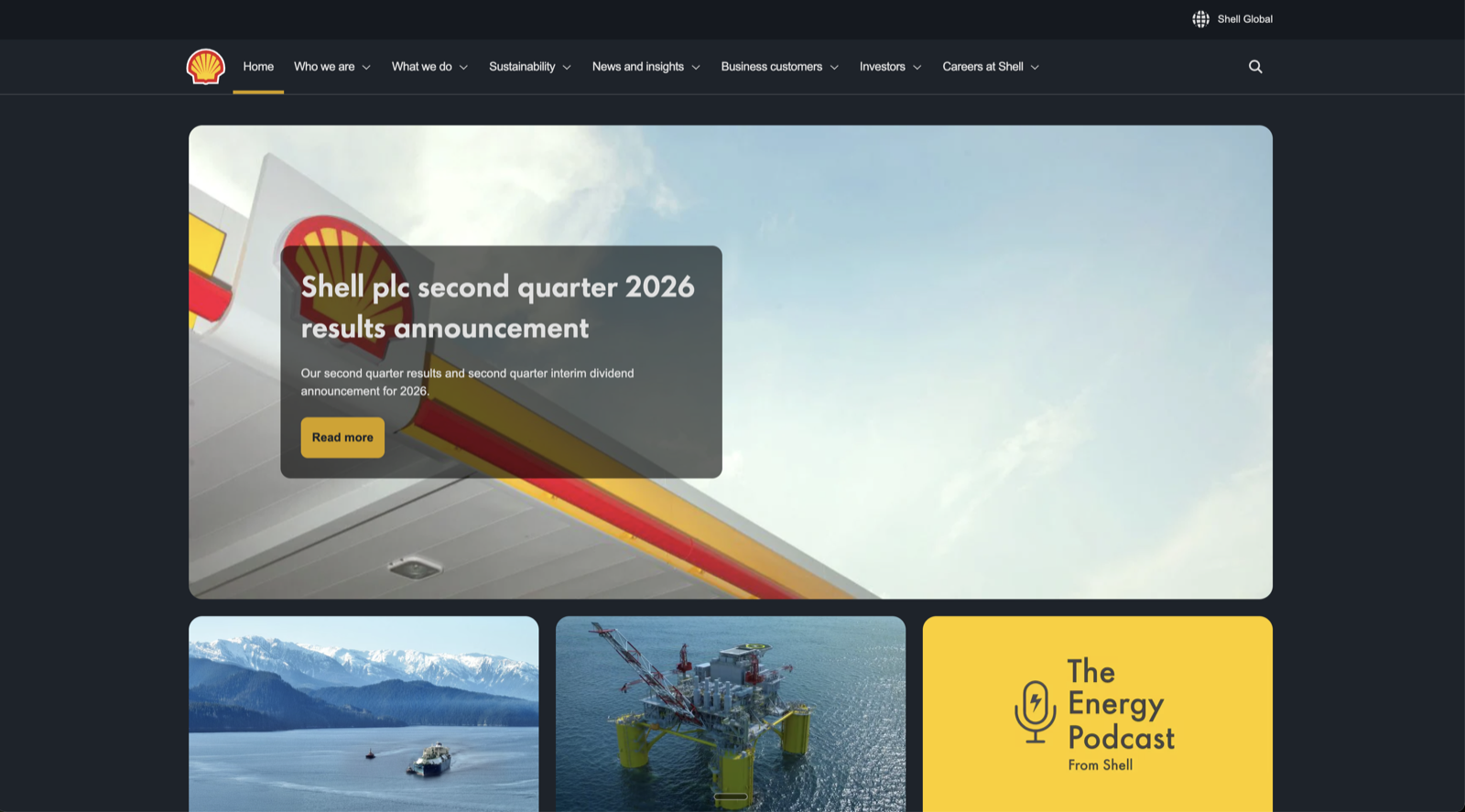 Shell homepage screenshot, August 2026