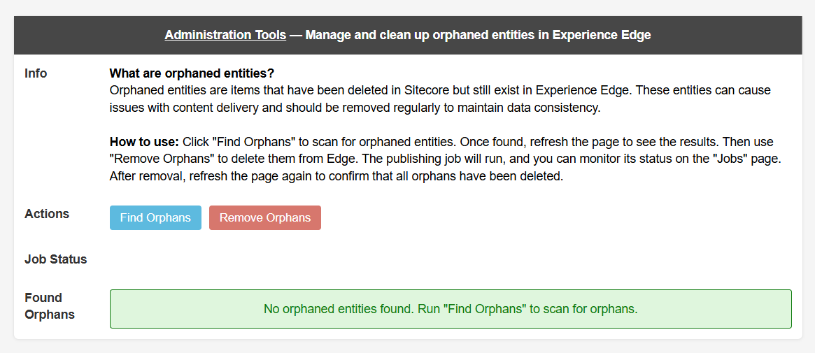 EdgeOrphans.aspx admin tool listing orphaned Experience Edge items