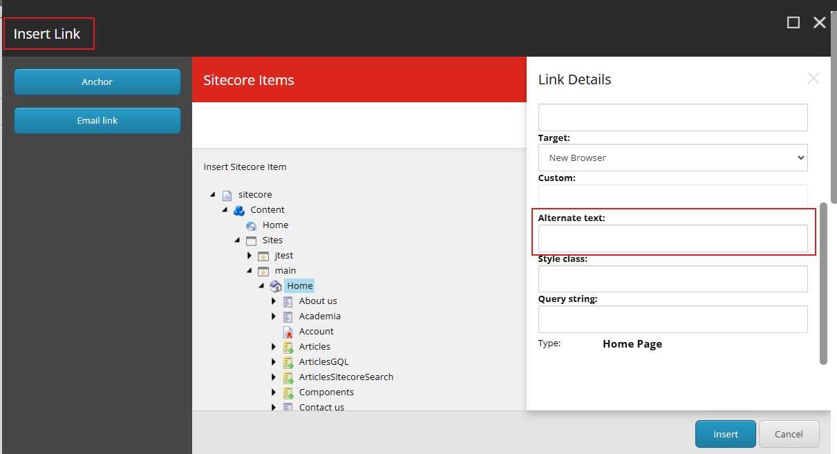 Insert Link dialog in the Sitecore Content Editor