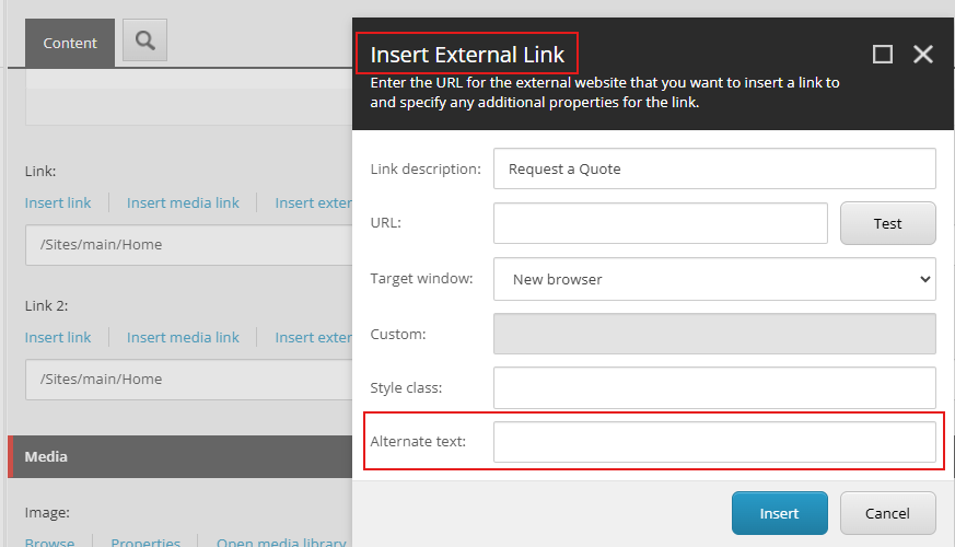 Insert External Link dialog in the Sitecore Content Editor