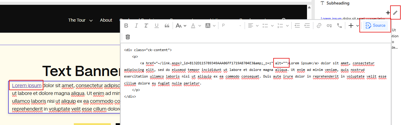 HTML source with aria attributes visible in the Sitecore editor