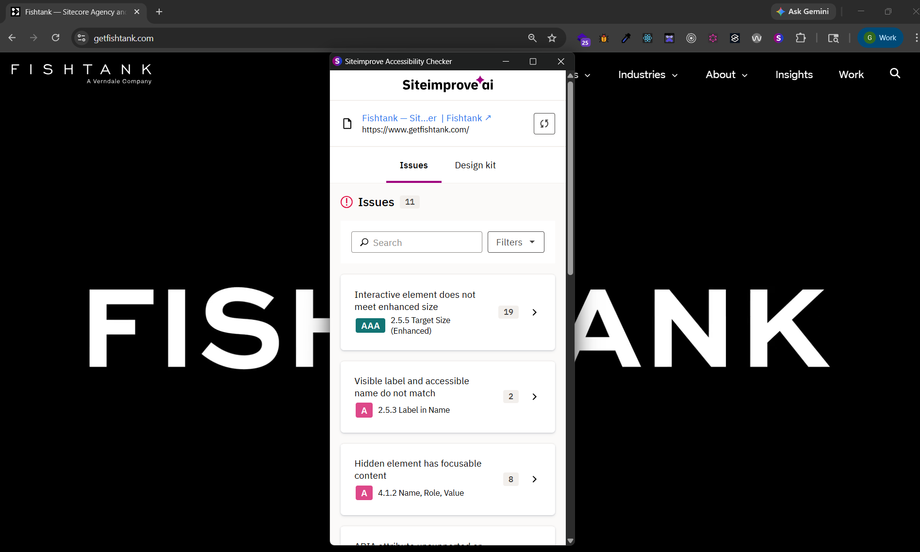 Siteimprove Accessibility Checker showing WCAG compliance issues