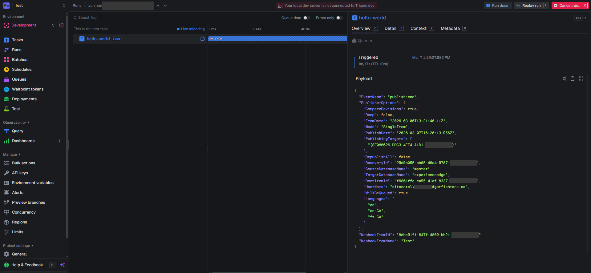 Trigger.dev run detail view showing a hello-world job triggered by a Sitecore publish:end webhook event, displaying the full JSON payload including item ID, publish options, source database name, and target language versions