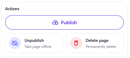 Actions panel with publish, unpublish, delete, and custom actions