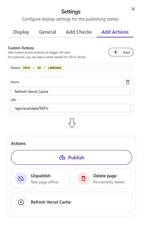 Custom actions configuration panel