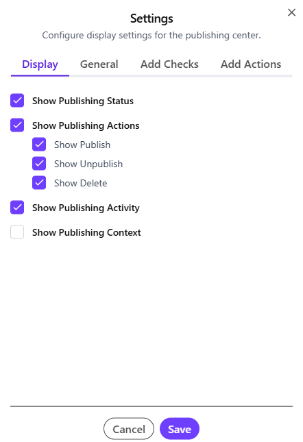 Settings panel for Publishing Center configuration