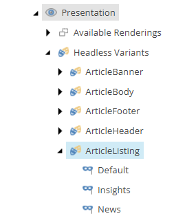 Content Editor screenshot showing ArticleListing variants