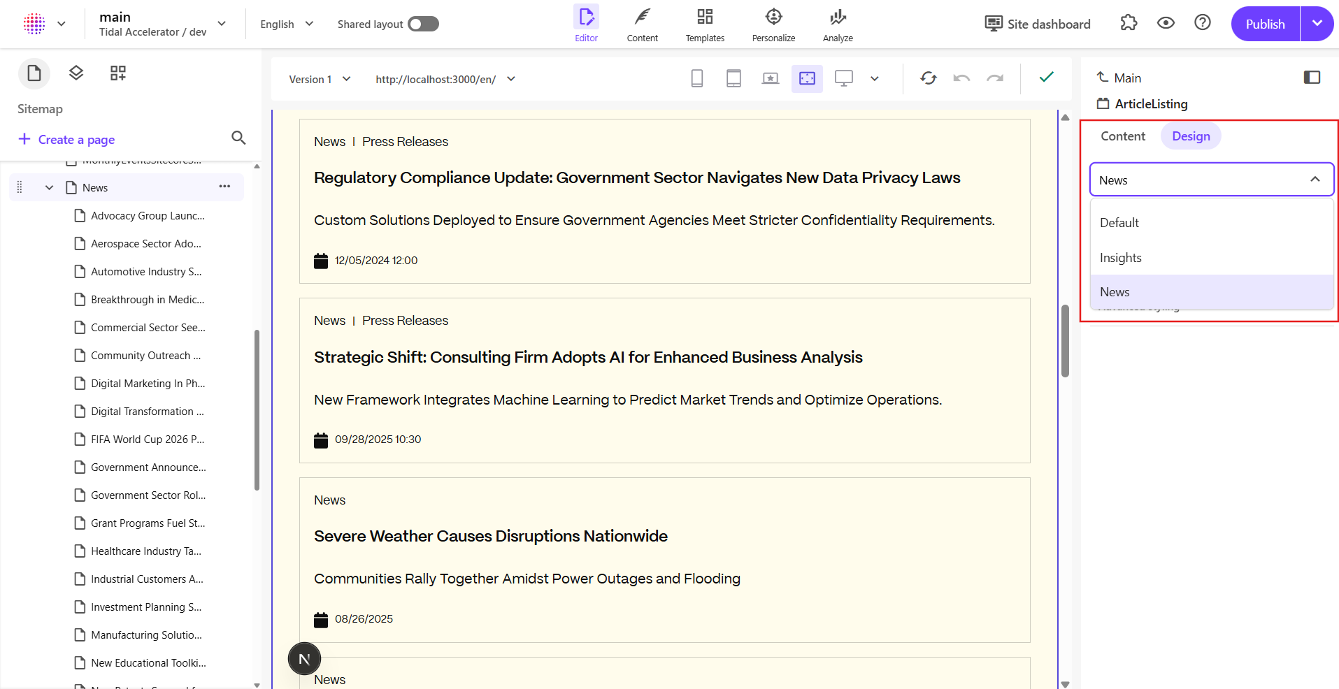 Page Builder screenshot showing ArticleListing variants