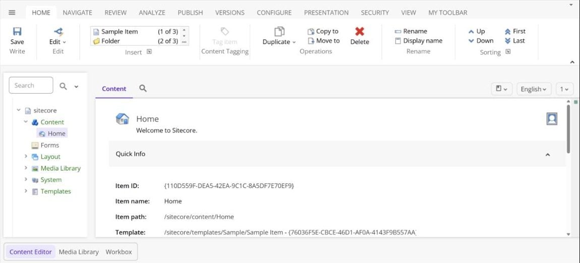 Sitecore 10.5 - light chrome, purple accent, and the full ribbon on display.