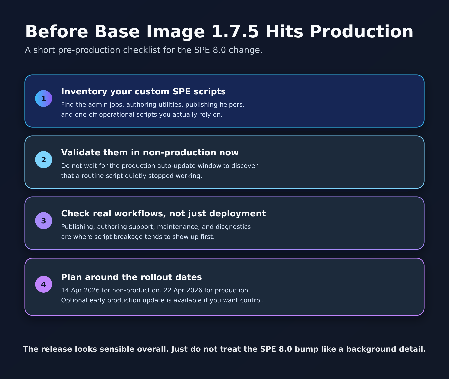 A short checklist for validating SPE 8.0 related script risk before production