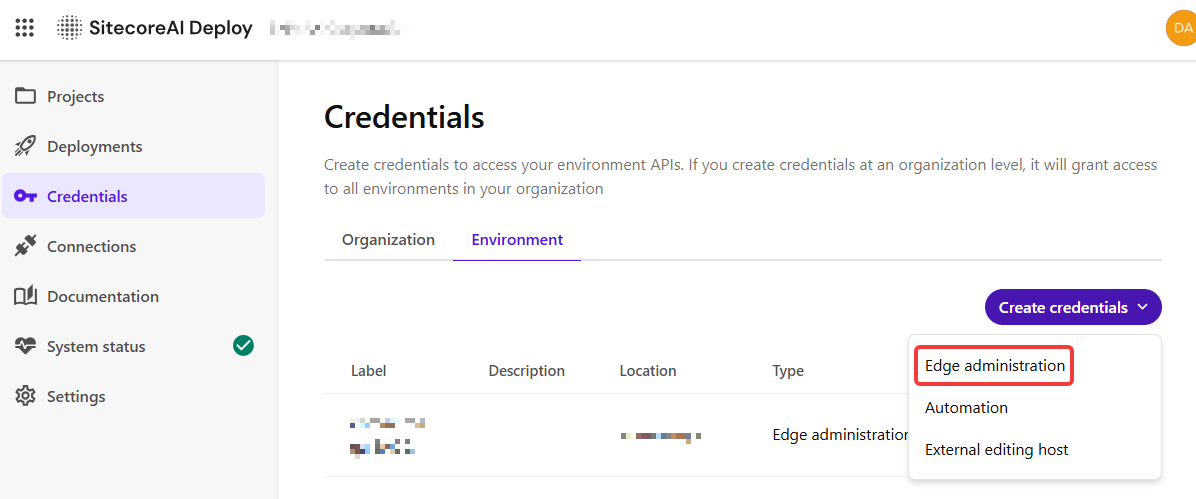 Credentials page in SitecoreAI Deploy